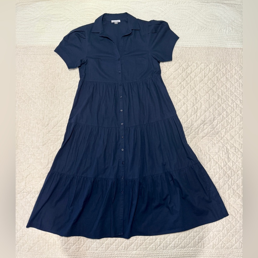Calvin Klein Cotton Tiered Long Shirtdress Women’s Sz 14 Navy Blue Lightweight